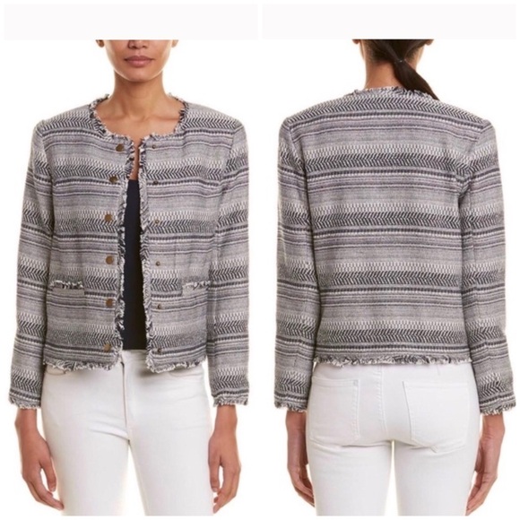 1.STATE Rustic Fringe Stripe Tweed Jacket Blue / White 51323 - Picture 7 of 7